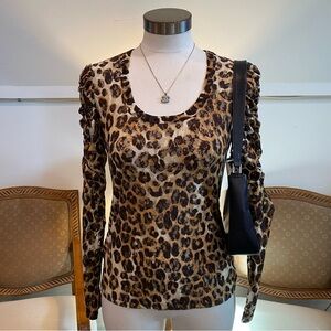 Vintage 90s Y2K INC Leopard Print Mesh Long Sleeve Top Ruched Sleeves, Size S